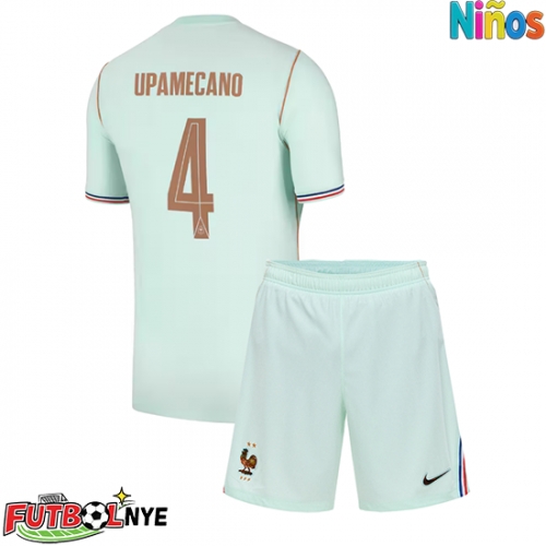 Camiseta Francia Dayot Upamecano #4 Visitante Equipación para niños Mundial 2026 manga corta (+ pantalones cortos)